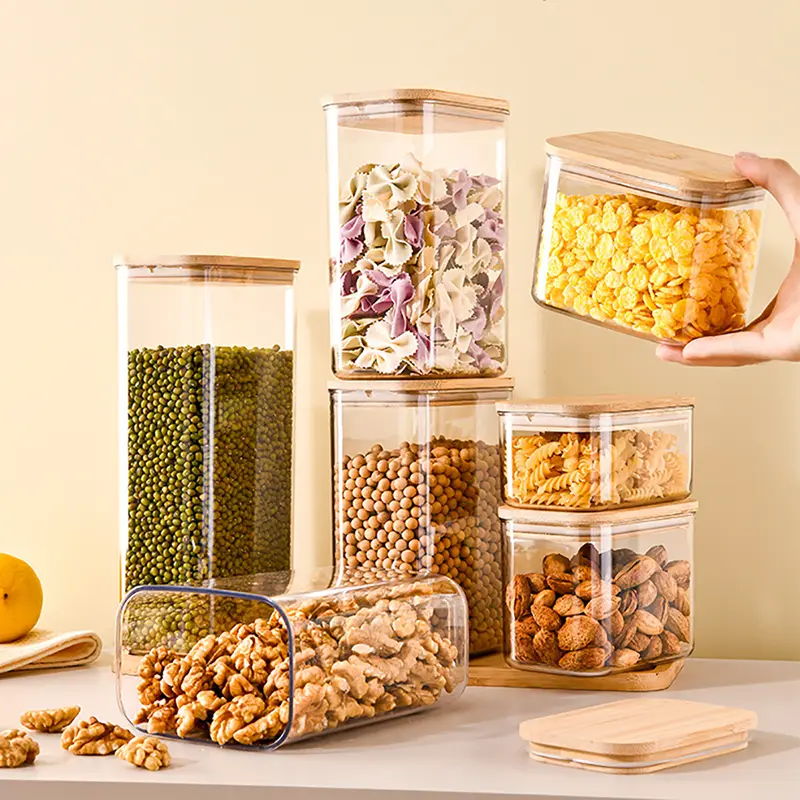 কাঠের ঢাকনা সহ প্লাস্টিক স্টোরেজ জার